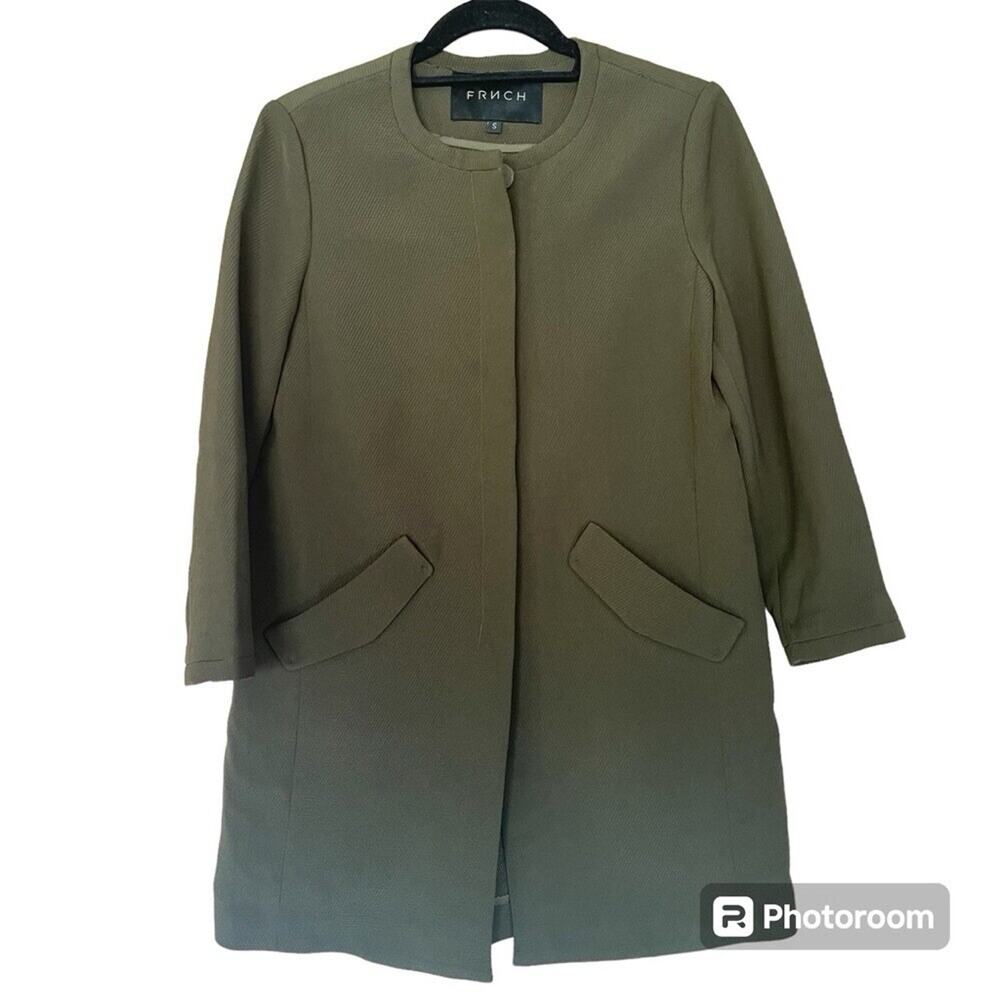 FRNCH Paris Jewel Neck Mod Button Front Coat Olive Green Long Line Size S Work
